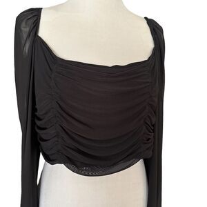 H&M Black Rushed Front Draped Bust Off Shoulder Long Sleeved Sheer Blouse Shirt